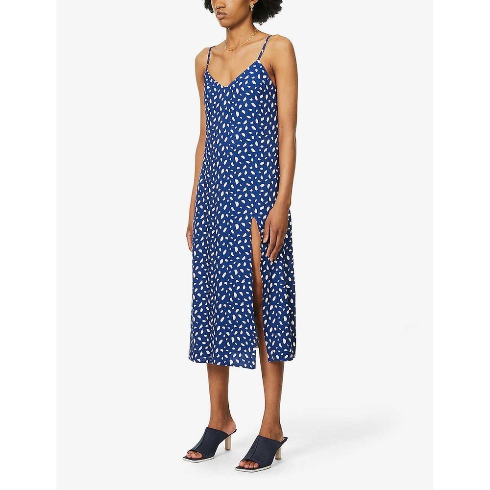 Reformation Crimini Midi Dress Blue White Abstract Spot Fawn Print Slit 4